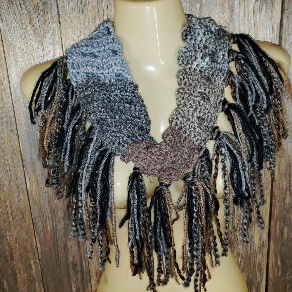 NEW Hand Crochet Gray Taupe Black Cowl Scarf‎ Boho Fringe Hippie Fairy Grunge